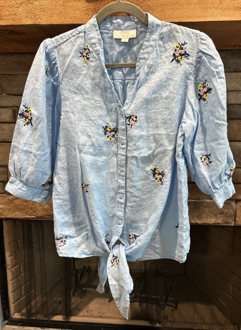 Women’s CHARTER CLUB Linen Blue Embroidered Button Up Shirt Size M *A4